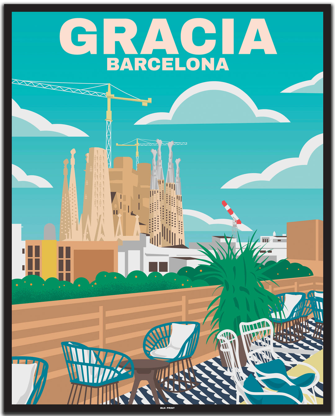 vintage travel poster barcelona #40x50cm-black-color-border