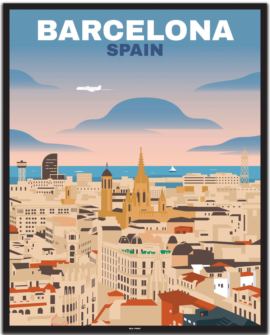 vintage travel poster barcelona #40x50cm-black-color-border