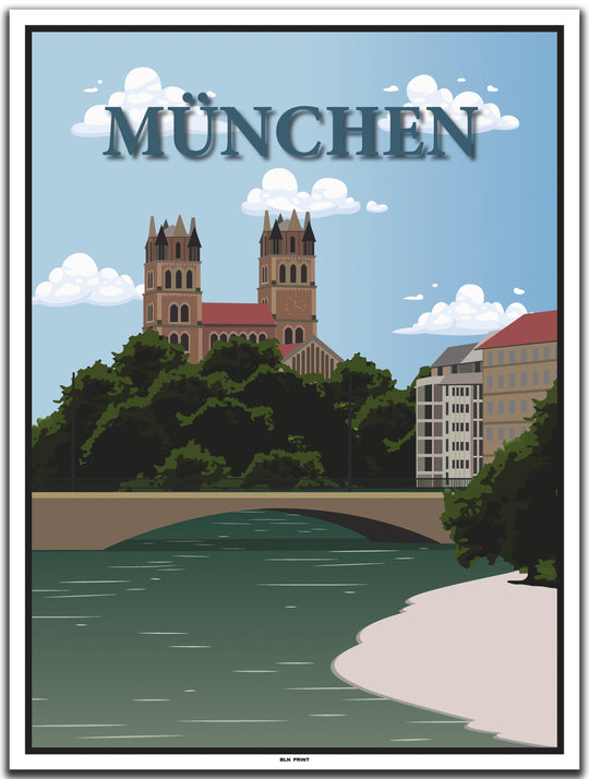 vintage kunstdruck poster Isar münchen #30x40cm-weier-farbrand