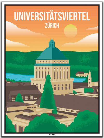 vintage kunstdruck poster Universitätsviertel Zürich #30x40cm-weier-farbrand