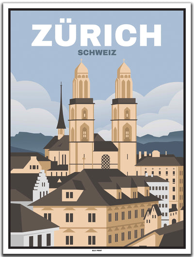 vintage kunstdruck poster Altstadt Zürich #30x40cm-weier-farbrand