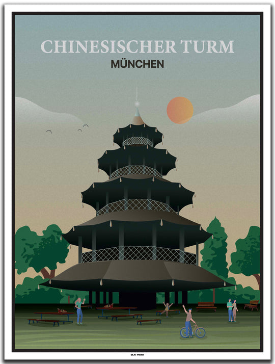 vintage kunstdruck poster chinesischer turm münchen #30x40cm-weier-farbrand