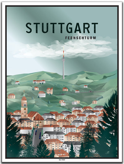 vintage kunstdruck poster stuttgart fernsehturm #30x40cm-weier-farbrand
