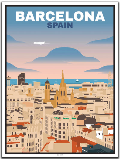 vintage kunstdruck travel poster Downtown Barcelona #30x40cm-weier-farbrand